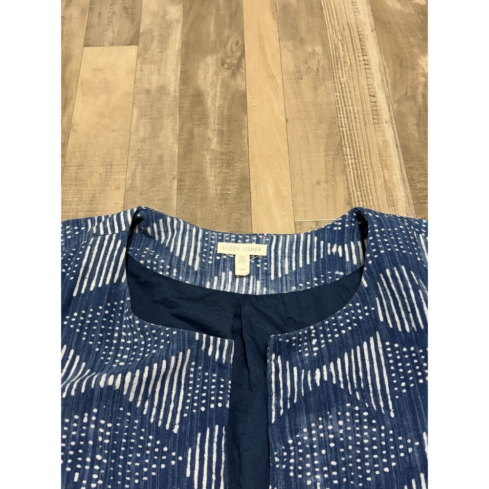 Eileen Fisher Womens L Hand Printed Organic Cotton Indigo Open Blazer Crop Prep - Picture 3 of 7